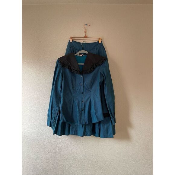 Vintage prairie style blouse and skirt set stripe with oversized collar size xs - Picture 1 of 11